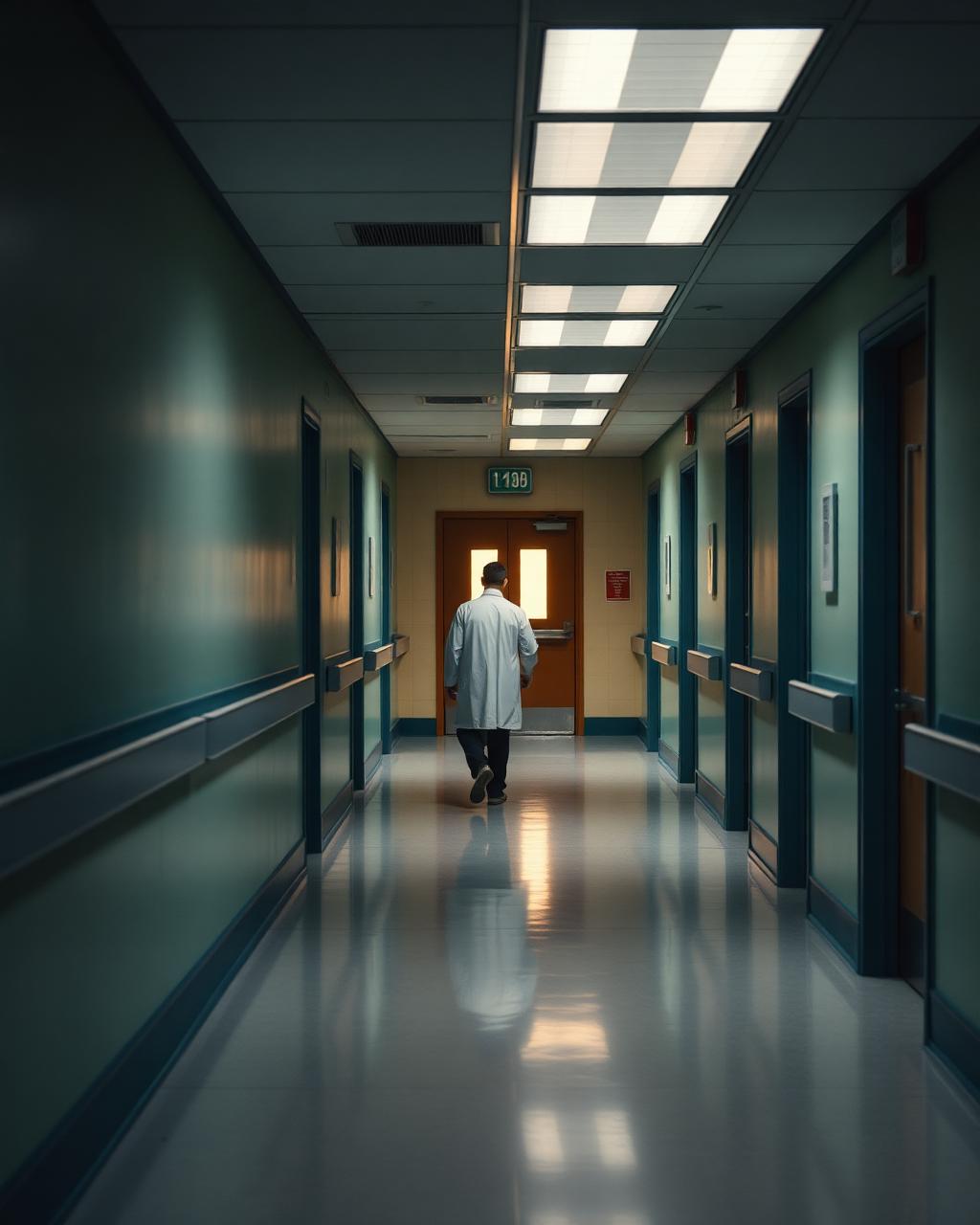 Corredor hospitalar vazio com um único médico ao fundo