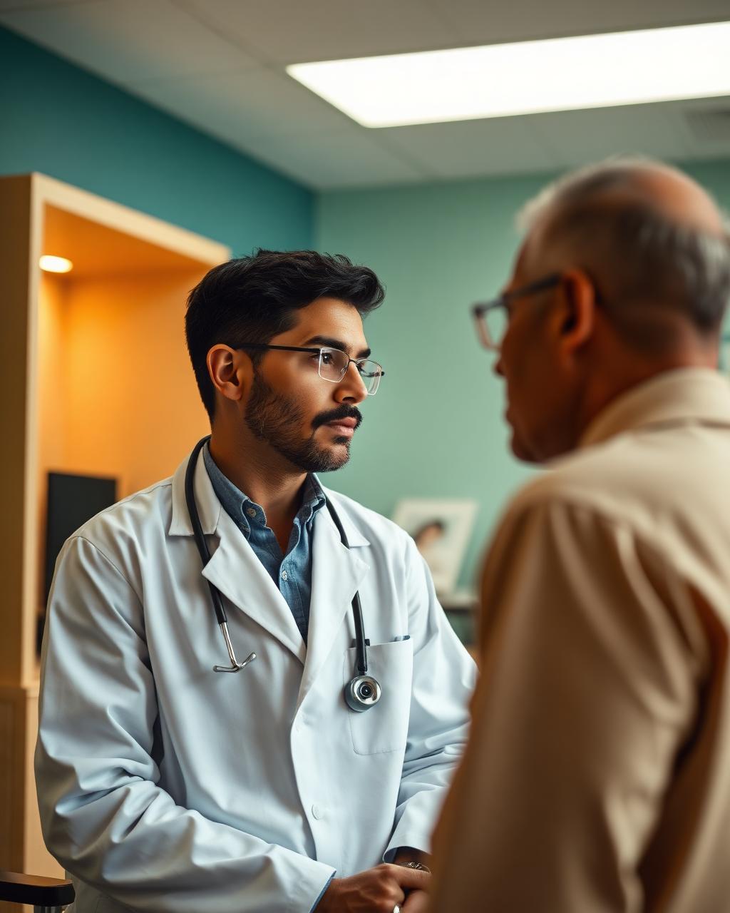 Médico conversando atentamente com um paciente em consultório claro