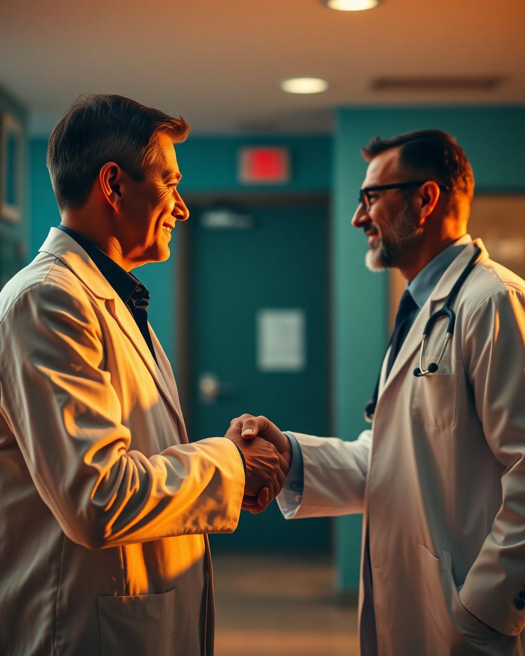 Aperto de mão entre representante e médico na recepção de uma clínica