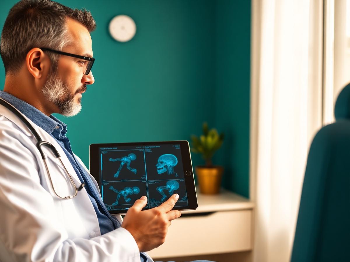 Médico analisando exames de imagem em um tablet dentro do consultório