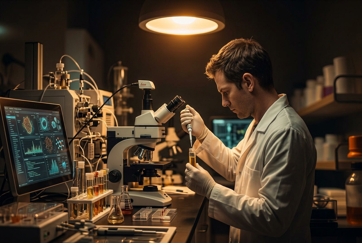 Laboratório de diagnóstico com profissional manipulando amostras sob luz focada